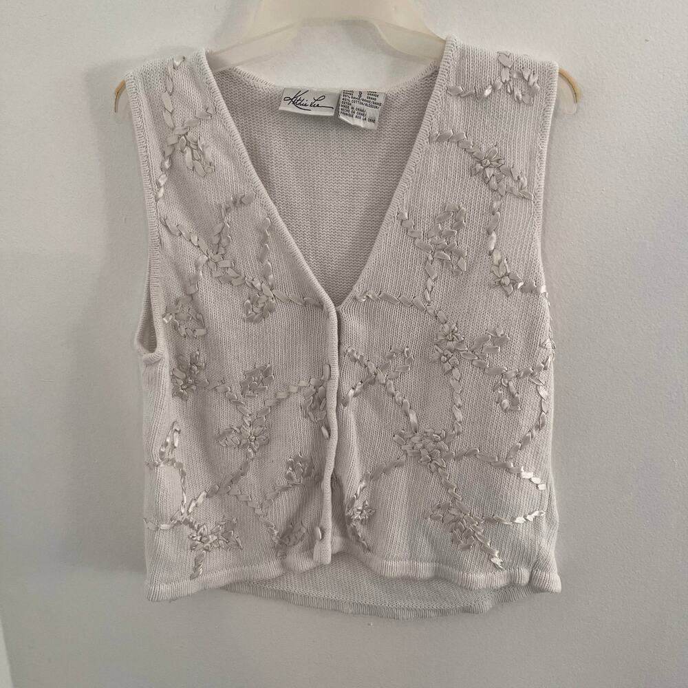 Vintage Kathie Lee Vest Size Large White Ribbon Knit Grandma Sleeveless Cottage